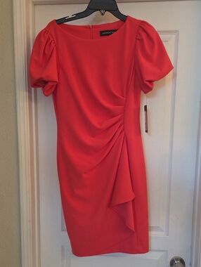 Andrew Marc Vibrant Coral Puff-Sleeve Draped Dress